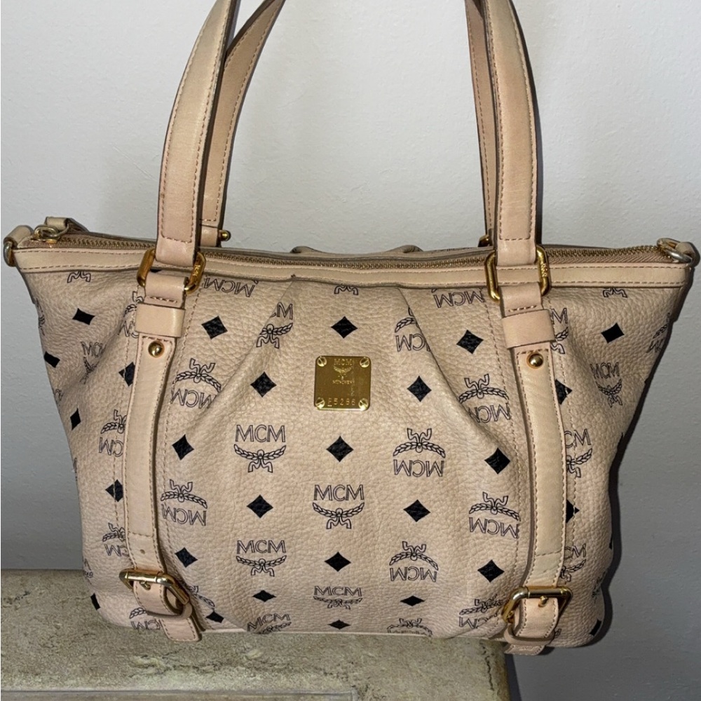 MCM Beige Logo Canvas bag with Gold hardware